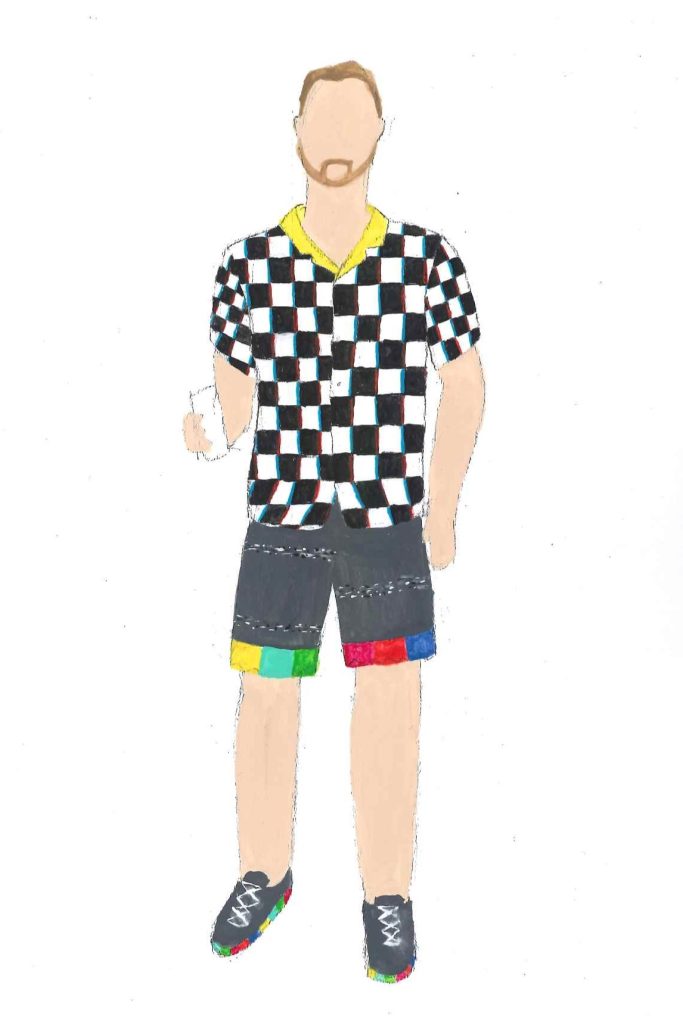 This is a costume design for a character named Chad. He wears a Hawaiian shirt and shorts inspired by the chromatic aberration effect and tv glitches, like static and colour bars.