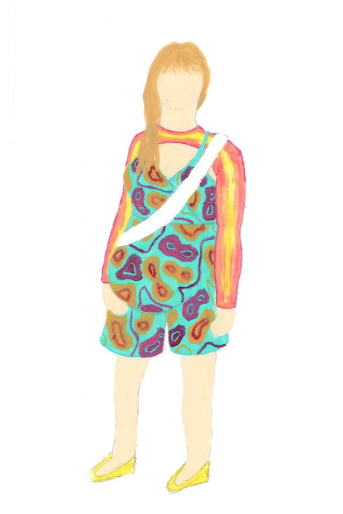 This is a costume design for a character named Cressida. She is wear a romper with a bright, chaotic print, two mesh tops, and a sash across her front.