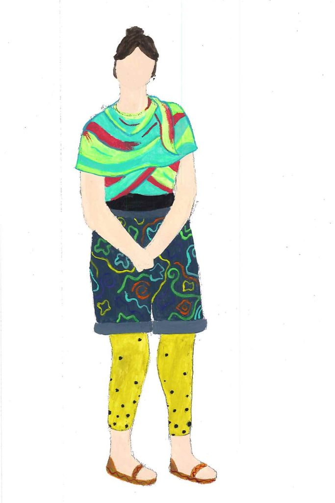 This is a costume design for a character named Robin. She is wearing a colour-changing shawl, shorts with bright, spiralling embellishments, and tights covered in dots.