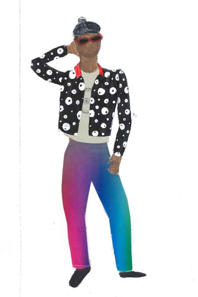 This is a costume design for a character named Zain. The costume is eye catching. His jacket is covered in eyes, his tshirt has a panopticon symbol on it and he wears a tinfoil beanie.