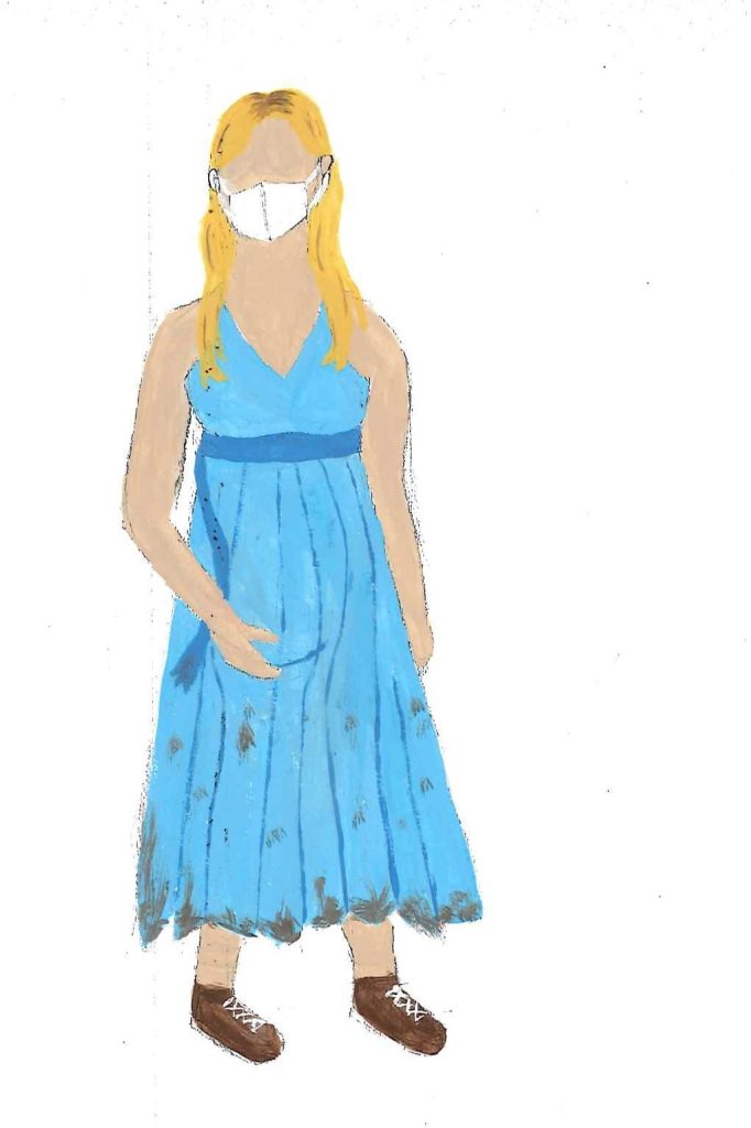 This is a costume design for a character named Cherish. She is wearing a face mask, a nice dress that has been muddied, and a practical pair of boots.