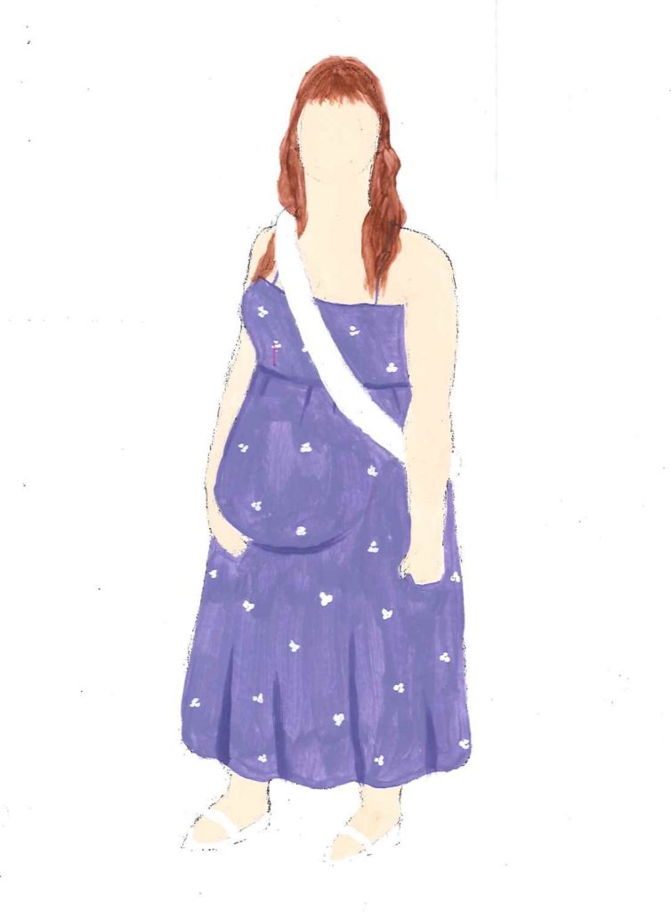 This is a costume design for a character named Cressida. She is wearing a purple dress with a floral print, and a sash. 