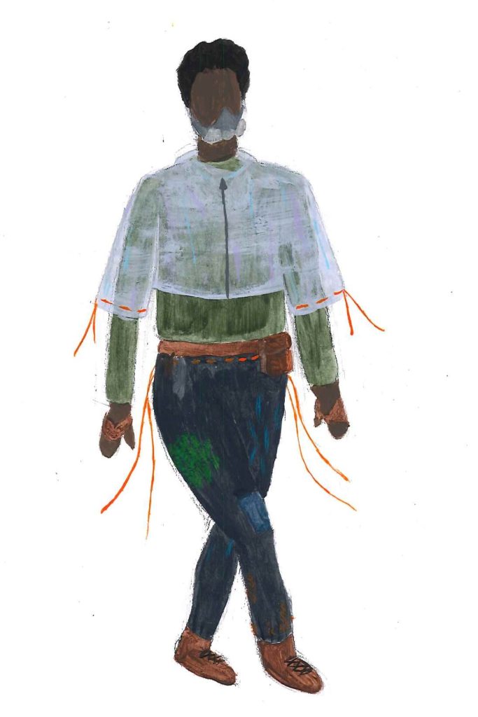 This is a costume design for a character named Justin. He is wearing a respirator and a reflective poncho over a practical set of clothes.