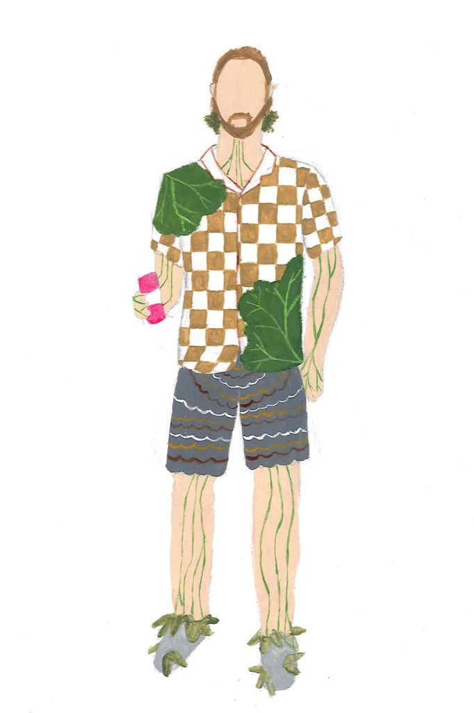 This is a costume design for a character named Chad. He is being overtaken by fungi, and the infection is glowing in his veins. He has branching clouds of fungi over his shoulder, torso, and the back of his neck.