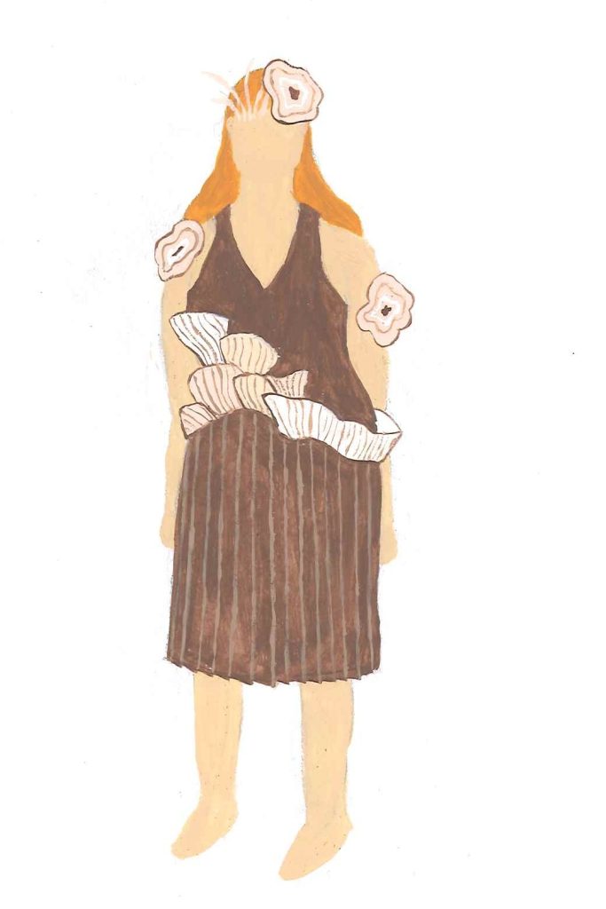This is a costume design for a character named Cressida. She is being overtaken by fungi, and her brown dress is inspired by mushrooms.