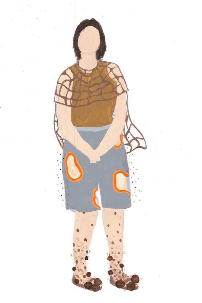 This is a costume design for a character named Robin. She is being overtaken by fungi. She wears a netted top over a tanktop and shorts, and mushrooms are growing on her, reaching upward from her feet.