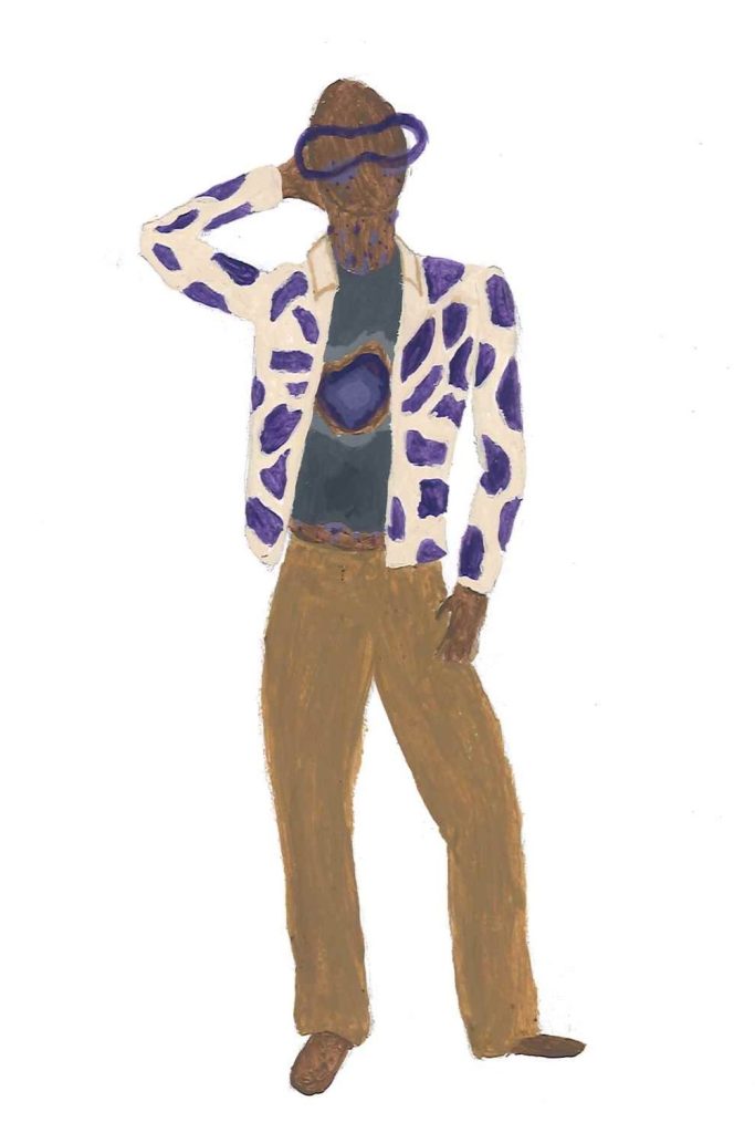 This is a costume design for a character named Zain. He is being overtaken by fungi, and the purple infection is growing out of his chest. He wears neutral colored clothes and the infection has spread to his jacket.